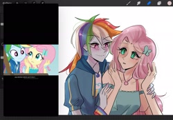 Size: 2048x1423 | Tagged: safe, artist:miruki_tii, screencap, fluttershy, rainbow dash, human, equestria girls, g4, blushing, clothes, dress, duo, female, hairclip, hoodie, humanized, jewelry, lesbian, looking at each other, looking at someone, necklace, redraw, ship:flutterdash, shipping, simple background, white background, wristband