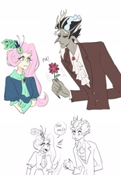 Size: 1423x2048 | Tagged: safe, artist:miruki_tii, discord, fluttershy, human, g4, make new friends but keep discord, angry, clothes, crossed arms, dress, duo, duo male and female, facial hair, female, flower, gala dress, gloves, goatee, horn, horned humanization, humanized, male, redraw, scene interpretation, simple background, snaggletooth, white background