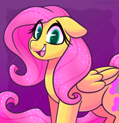 Size: 1464x1509 | Tagged: safe, artist:graphene, fluttershy, pegasus, pony, g4, cute, female, floppy ears, happy, long tail, looking at you, mare, open mouth, open smile, purple background, shyabetes, simple background, smiling, smiling at you, solo, tail