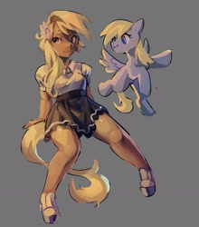 Size: 1642x1867 | Tagged: safe, artist:guarimbasmrd, derpy hooves, human, pegasus, pony, g4, clothes, derp, female, flying, gray background, hairclip, humanized, mare, self paradox, self ponidox, simple background, skirt, solo