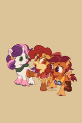 Size: 1369x2048 | Tagged: safe, artist:vreskah, apple bloom, scootaloo, sweetie belle, earth pony, pegasus, pony, unicorn, amputee, ascot, beige background, bell, coat markings, cutie mark crusaders, ear piercing, earring, female, filly, foal, freckles, goggles, goggles around neck, horn, jewelry, leonine tail, pale belly, piercing, prosthetic leg, prosthetic limb, prosthetics, redesign, shawl, simple background, socks (coat markings), tail, unshorn fetlocks