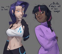 Size: 1702x1487 | Tagged: safe, artist:guarimbasmrd, rarity, twilight sparkle, human, g4, arm warmers, belly, belly button, blushing, bra, braid, clothes, crop top bra, dark skin, duo, ear piercing, earring, female, gray background, humanized, jewelry, lesbian, midriff, piercing, ribcage, ship:rarilight, shipping, simple background, sweater, thin, underwear