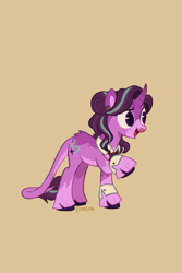 Size: 1369x2048 | Tagged: safe, artist:vreskah, starlight glimmer, classical unicorn, pony, unicorn, beige background, cloven hooves, coat markings, cuffs (clothes), facial markings, female, horn, leonine tail, mare, mealy mouth (coat marking), open mouth, open smile, pale belly, redesign, shirtless shirt collar, simple background, smiling, socks (coat markings), solo, unshorn fetlocks