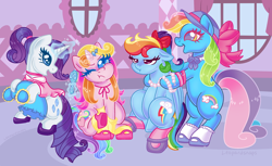 Size: 3000x1830 | Tagged: safe, artist:leopardsnaps, rainbow dash, rainbow dash (g3), rarity, rarity (g3), earth pony, pegasus, pony, unicorn, g3, g4, bipedal, clothes, cute, dress, g3 to g4, generation leap, group, grumpy, horn, jewelry, looking at each other, looking at someone, necklace, pouting, quartet, rainbow dash always dresses in style, screencap background, shoes, sitting, socks