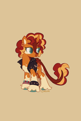 Size: 1369x2048 | Tagged: safe, artist:vreskah, sunset shimmer, classical unicorn, pony, unicorn, beige background, blaze (coat marking), bracelet, clothes, cloven hooves, coat markings, ear piercing, earring, facial markings, female, horn, jewelry, leather, leather vest, leonine tail, lidded eyes, mare, pale belly, piercing, redesign, simple background, smiling, socks (coat markings), solo, spiked wristband, unshorn fetlocks, vest, wristband