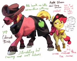 Size: 2048x1608 | Tagged: safe, artist:guarimbasmrd, apple bloom, big macintosh, earth pony, pony, eternal night au (janegumball), g4, bandana, boots, concave belly, cowboy hat, dialogue, duo, female, filly, foal, hat, height difference, hoof shoes, horse collar, male, shoes, simple background, size difference, stallion, straw in mouth, sweat, white background