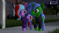 Size: 3840x2160 | Tagged: safe, artist:melodismol, oc, oc:omega(phosphorshy), oc:star beats, pegasus, pony, unicorn, 3d, clothes, fence, grass, high res, hoodie, horn, looking at each other, looking at someone, melodiphosphor, night, oc x oc, shipping, sidewalk, socks, source filmmaker, talking, tree, walking
