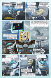 Size: 2079x3142 | Tagged: safe, artist:captainhoers, oc, oc only, oc:charger (hoers), oc:concorde, pegasus, pony, comic:stardust:the sky belongs to no one, cockpit, comic, dialogue, duo, headset, high res, lightning, male, nonbinary, offspring, parent:soarin', parent:spitfire, parents:soarinfire, plane, shivering, simulator, speech bubble, stallion
