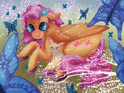 Size: 2048x1535 | Tagged: safe, artist:rad_parrot, angel bunny, fluttershy, butterfly, pegasus, pony, rabbit, g4, animal, chest fluff, cloven hooves, duo, female, heart, heart eyes, lying down, mare, prone, wingding eyes