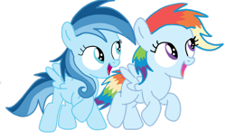 Size: 1400x863 | Tagged: safe, oc, oc:ragtag, oc:shooting star, pegasus, pony, female, filly, foal, offspring, parent:rainbow dash, parent:soarin', parents:soarindash, siblings, simple background, transparent background, twins