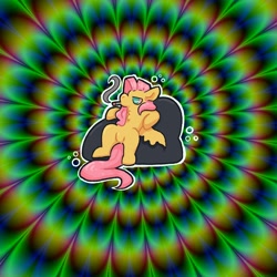Size: 2048x2048 | Tagged: safe, artist:rad_parrot, fluttershy, pegasus, pony, g4, abstract background, beanbag chair, bloodshot eyes, drug use, drugs, female, flutterhigh, high, joint, mare, marijuana, sitting, smoking, solo
