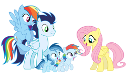 Size: 3812x2235 | Tagged: safe, fluttershy, rainbow dash, soarin', oc, oc:ragtag, oc:shooting star, pegasus, pony, g4, female, filly, foal, male, mare, offspring, parent:rainbow dash, parent:soarin', parents:soarindash, ship:soarindash, shipping, siblings, simple background, stallion, straight, transparent background, twins