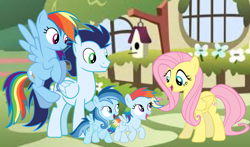 Size: 3812x2235 | Tagged: safe, fluttershy, rainbow dash, soarin', oc, oc:ragtag, oc:shooting star, pegasus, pony, female, filly, foal, male, mare, offspring, parent:rainbow dash, parent:soarin', parents:soarindash, ship:soarindash, shipping, siblings, stallion, straight, twins