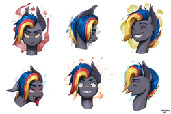 Size: 3000x2000 | Tagged: safe, artist:wolfmask, oc, oc only, oc:dreaming dusk, bat pony, drunk, expressions, grin, open mouth, signature, simple background, sleeping, smiling, solo, sparkles, stare, teeth, white background