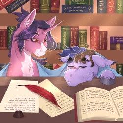 Size: 2048x2048 | Tagged: safe, artist:hiyacolly, oc, oc only, earth pony, pony, unicorn, blanket, book, bookshelf, chest fluff, duo, ear fluff, ear tufts, female, horn, inkwell, male, mare, quill, scar, stallion