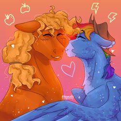 Size: 2048x2048 | Tagged: safe, artist:hiyacolly, applejack, rainbow dash, earth pony, pegasus, pony, g4, accessory swap, alternate design, chest fluff, duo, female, freckles, gradient background, lesbian, mare, nuzzling, ship:appledash, shipping, spread wings, wings