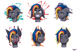 Size: 3000x2000 | Tagged: safe, artist:wolfmask, oc, oc only, oc:dreaming dusk, bat pony, ahegao, angry, expressions, open mouth, sad, signature, simple background, smiling, smug, solo, sparkles, teeth, tongue out