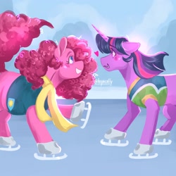 Size: 2048x2048 | Tagged: safe, artist:hiyacolly, pinkie pie, twilight sparkle, earth pony, pony, unicorn, g4, blushing, clothes, duo, female, floating heart, heart, ice, ice skates, ice skating, lesbian, looking at each other, looking at someone, mare, scarf, ship:twinkie, shipping, skates, unicorn twilight, winter wrap up vest