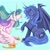 Size: 2048x2048 | Tagged: safe, artist:hiyacolly, princess celestia, princess luna, alicorn, pony, g4, bat wings, blue background, crying, curved horn, cyan background, duo, duo female, female, horn, jewelry, lying down, mare, prone, regalia, simple background, sitting, slit pupils, wings