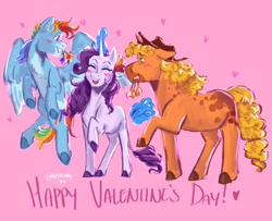 Size: 2048x1661 | Tagged: safe, artist:hiyacolly, applejack, rainbow dash, rarity, earth pony, pegasus, pony, unicorn, g4, alternate design, applejack's hat, blushing, cowboy hat, facial markings, female, floating heart, flower, flower in hair, flying, happy valentines day, hat, heart, holiday, horn, lesbian, magic, mare, mealy mouth (coat marking), mouth hold, pink background, polyamory, rarijackdash, shipping, simple background, telekinesis, valentine's day