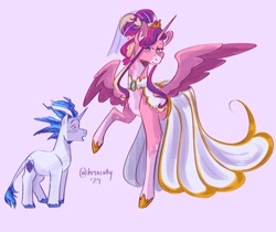 Size: 2048x1720 | Tagged: safe, artist:hiyacolly, princess cadance, shining armor, alicorn, pony, g4, blushing, chest fluff, choker, clothes, coat markings, dress, female, heart, heart eyes, height difference, hoof shoes, jewelry, leonine tail, male, mare, meme, physique difference, regalia, simple background, slender, stallion, tail, tall, the bride and the ugly ass groom, thin, wedding dress, wingding eyes