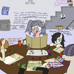 Size: 2000x2000 | Tagged: safe, artist:notawriteranon, oc, oc only, oc:anon, oc:dot matrix, oc:floor bored, oc:goldie mops, oc:taku, human, pony, basement, dungeons and dragons, pen and paper rpg, rpg