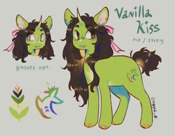 Size: 1300x1013 | Tagged: safe, artist:tiggs2_0, oc, oc only, oc:vanilla kiss, pony, unicorn, bow, curved horn, ear piercing, earring, glasses, hair bow, horn, jewelry, male, piercing, reference sheet, simple background, solo, stallion