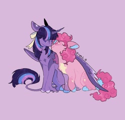 Size: 2048x1962 | Tagged: safe, artist:tiggs2_0, pinkie pie, twilight sparkle, alicorn, earth pony, pony, g4, alternate design, bow, chest fluff, curved horn, duo, female, hair bow, horn, hug, leonine tail, lesbian, mare, nose to nose, nuzzling, pink background, ship:twinkie, shipping, simple background, sitting, tail, twilight sparkle (alicorn), unshorn fetlocks, winghug, wings