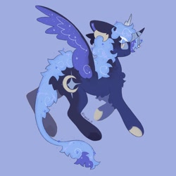 Size: 2048x2048 | Tagged: safe, artist:tiggs2_0, princess luna, alicorn, pony, g4, alternate design, blue background, chest fluff, curved horn, female, horn, jewelry, leonine tail, looking at you, looking back, looking back at you, mare, regalia, simple background, slit pupils, solo, spread wings, tail, wings