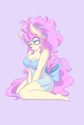 Size: 1365x2048 | Tagged: safe, artist:mscolorsplash, oc, oc only, earth pony, anthro, plantigrade anthro, big breasts, bow, breasts, busty oc, cleavage, clothes, female, glasses, kneeling, lidded eyes, lingerie, nightgown, purple background, round glasses, see-through, simple background, solo