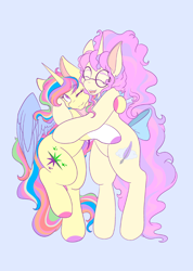 Size: 1462x2048 | Tagged: safe, artist:mscolorsplash, oc, oc only, alicorn, pony, unicorn, alicorn oc, bipedal, blush lines, blushing, bow, colored wings, duo, duo female, eyes closed, female, glasses, horn, hug, light blue background, mare, one eye closed, open mouth, open smile, round glasses, simple background, smiling, tail, tail bow, wings