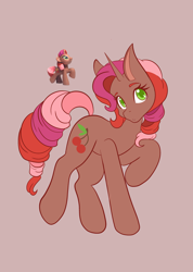 Size: 1462x2048 | Tagged: safe, artist:mscolorsplash, cherry spices, pony, unicorn, g4, blind bag pony, brown background, colored pupils, female, horn, mare, raised hoof, simple background, solo, standing on two hooves, toy, toy interpretation