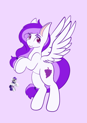 Size: 1462x2048 | Tagged: safe, artist:mscolorsplash, sugar grape, pegasus, pony, colored pupils, female, flying, looking at you, mare, purple background, simple background, smiling, smiling at you, solo, spread wings, tongue out, toy interpretation, wings