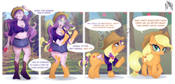 Size: 2646x1278 | Tagged: safe, artist:nyxx-x, applejack, earth pony, human, pony, g4, apple, applejack's hat, commission, cowboy hat, dialogue, female, food, front knot midriff, hat, human to pony, jewelry, light skin, mare, mental shift, midriff, necklace, speech bubble, transformation, transformation sequence