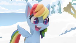 Size: 1920x1080 | Tagged: safe, screencap, rainbow dash, pegasus, pony, g4, g4.5, my little pony: stop motion short, snow pony contest (short), cute, ice, lake, smiling, snow, solo, water
