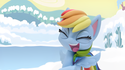 Size: 1920x1080 | Tagged: safe, screencap, rainbow dash, pegasus, pony, g4, g4.5, my little pony: stop motion short, snow pony contest (short), cute, ice, lake, laughing, snow, solo, water