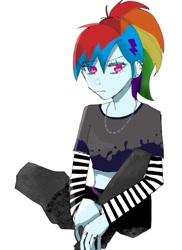 Size: 839x1155 | Tagged: safe, artist:otaku_heiwa_jp, rainbow dash, human, equestria girls, g4, clothes, ear piercing, earring, emo, female, hairclip, jewelry, necklace, piercing, ring, short shirt, simple background, solo, white background