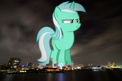 Size: 2000x1331 | Tagged: safe, artist:tardifice, edit, editor:jaredking779, lyra heartstrings, pony, unicorn, g4, attack on pony, background pony, female, giant pony, giantess, highrise ponies, horn, irl, japan, macro, mare, photo, ponies in real life, red eyes, smiling, solo, story included, yokohama