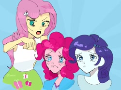 Size: 1759x1319 | Tagged: safe, artist:otaku_heiwa_jp, fluttershy, pinkie pie, rarity, human, equestria girls, g4, putting your hoof down, abstract background, crying, female, humanized, teary eyes, trio