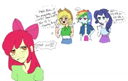 Size: 1385x874 | Tagged: safe, artist:otaku_heiwa_jp, apple bloom, applejack, rainbow dash, rarity, human, equestria girls, g4, ..., blushing, bow, dialogue, embarrassed, female, hair bow, humanized, simple background, speech bubble, sweat, thought bubble, white background