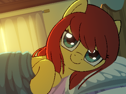 Size: 800x600 | Tagged: safe, artist:rangelost, oc, oc only, oc:honourshine, earth pony, pony, cyoa:d20 pony, bed, cyoa, earth pony oc, first person view, lidded eyes, looking at you, offscreen character, pixel art, pov, solo, story included, suggestive description