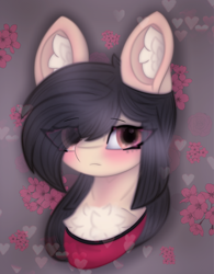 Size: 1452x1864 | Tagged: safe, artist:sodapop sprays, oc, earth pony, pony, blushing, bust, chest fluff, ear fluff, eye clipping through hair, freckles, hair over one eye, looking at you, ponysona, solo