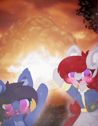 Size: 4096x5264 | Tagged: safe, artist:sodapop sprays, oc, oc:skyfire lumia, bat pony, pegasus, pony, atomic bomb, bat pony oc, blushing, chest fluff, clothes, ear fluff, fallout, meme, nuclear weapon, pipboy, suit, this will end in death, weapon