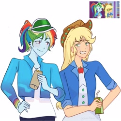 Size: 2160x2160 | Tagged: safe, artist:vanillasa1tt, screencap, applejack, rainbow dash, human, equestria girls, g4, applejack's hat, blushing, cowboy hat, duo, ear piercing, earring, eyebrows, eyebrows visible through hair, female, food, freckles, hat, jewelry, juice, juice box, lesbian, looking at each other, looking at someone, piercing, redraw, ship:appledash, shipping, simple background, white background