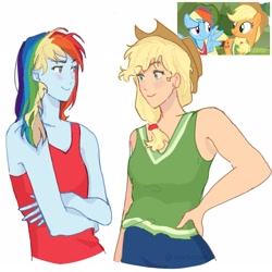 Size: 2160x2160 | Tagged: safe, artist:vanillasa1tt, screencap, earth pony, human, pegasus, pony, equestria girls, g4, applejack's hat, blushing, clothes, cowboy hat, duo, ear piercing, earring, freckles, hat, jewelry, looking at each other, looking at someone, piercing, redraw, simple background, tank top, white background