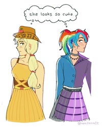 Size: 1080x1350 | Tagged: safe, artist:vanillasa1tt, applejack, rainbow dash, human, equestria girls, friendship through the ages, g4, blushing, choker, clothes, country applejack, dress, duo, ear piercing, earring, female, freckles, hat, human coloration, jacket, jewelry, lesbian, looking at each other, looking at someone, piercing, rainbow punk, ship:appledash, shipping, thought bubble