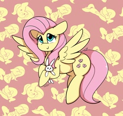Size: 2008x1899 | Tagged: safe, artist:taurson, angel bunny, fluttershy, pegasus, pony, rabbit, g4, abstract background, animal, cute, female, holding, holding a bunny, looking at you, mare, shyabetes, signature, smiling, smiling at you, spread wings, tail, tiled background, wings