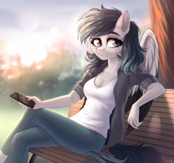 Size: 3300x3100 | Tagged: safe, artist:hakaina, oc, oc only, pegasus, anthro, bench, breasts, cellphone, cleavage, clothes, colored wings, ear fluff, female, jacket, pants, park, park bench, phone, sitting, smartphone, solo, wings