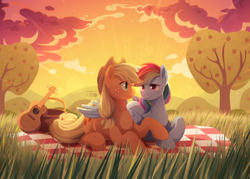 Size: 2048x1469 | Tagged: safe, artist:applesartt, applejack, rainbow dash, earth pony, pegasus, pony, g4, apple, apple tree, applejack's hat, basket, cloud, cowboy hat, crepuscular rays, duo, duo female, female, freckles, grass, guitar, hat, hug, lesbian, looking at each other, looking at someone, lying down, mare, musical instrument, outdoors, picnic basket, picnic blanket, prone, ship:appledash, shipping, sky, smiling, smiling at each other, tail, tree, wing blanket, winghug, wings