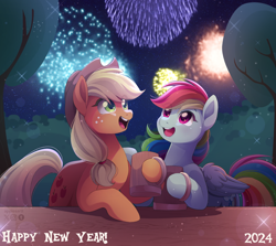 Size: 2048x1827 | Tagged: safe, artist:applesartt, applejack, rainbow dash, earth pony, pegasus, pony, g4, applejack's hat, backwards cutie mark, cider mug, cowboy hat, drink, drinking, duo, duo female, female, fireworks, folded wings, freckles, happy new year, happy new year 2024, hat, holiday, lesbian, mare, mug, night, night sky, open mouth, open smile, outdoors, ship:appledash, shipping, sky, smiling, stars, table, tail, tree, wings